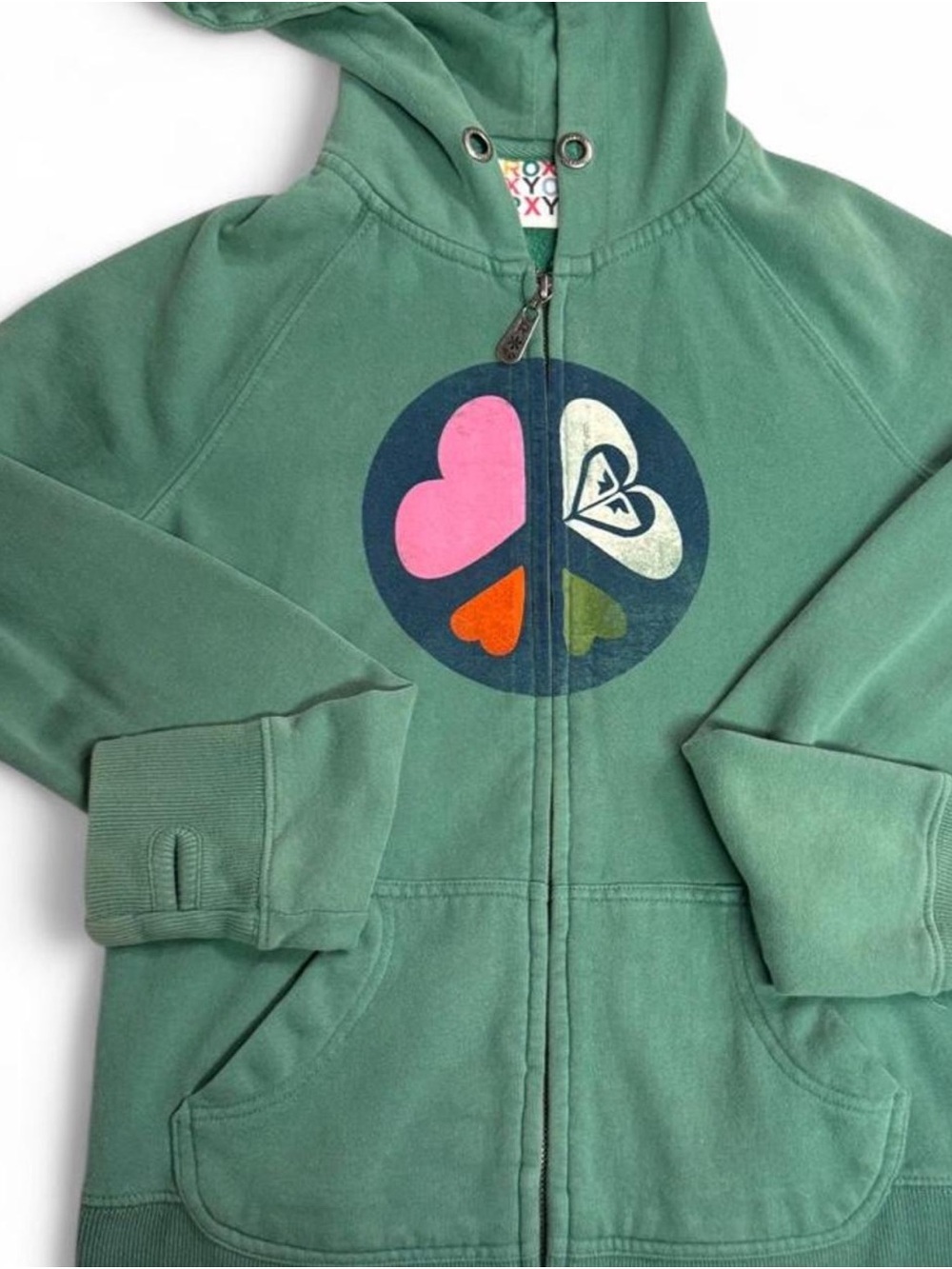 Vintage Roxy Green Zip Hoodie with Multi-Heart Peace Graphic